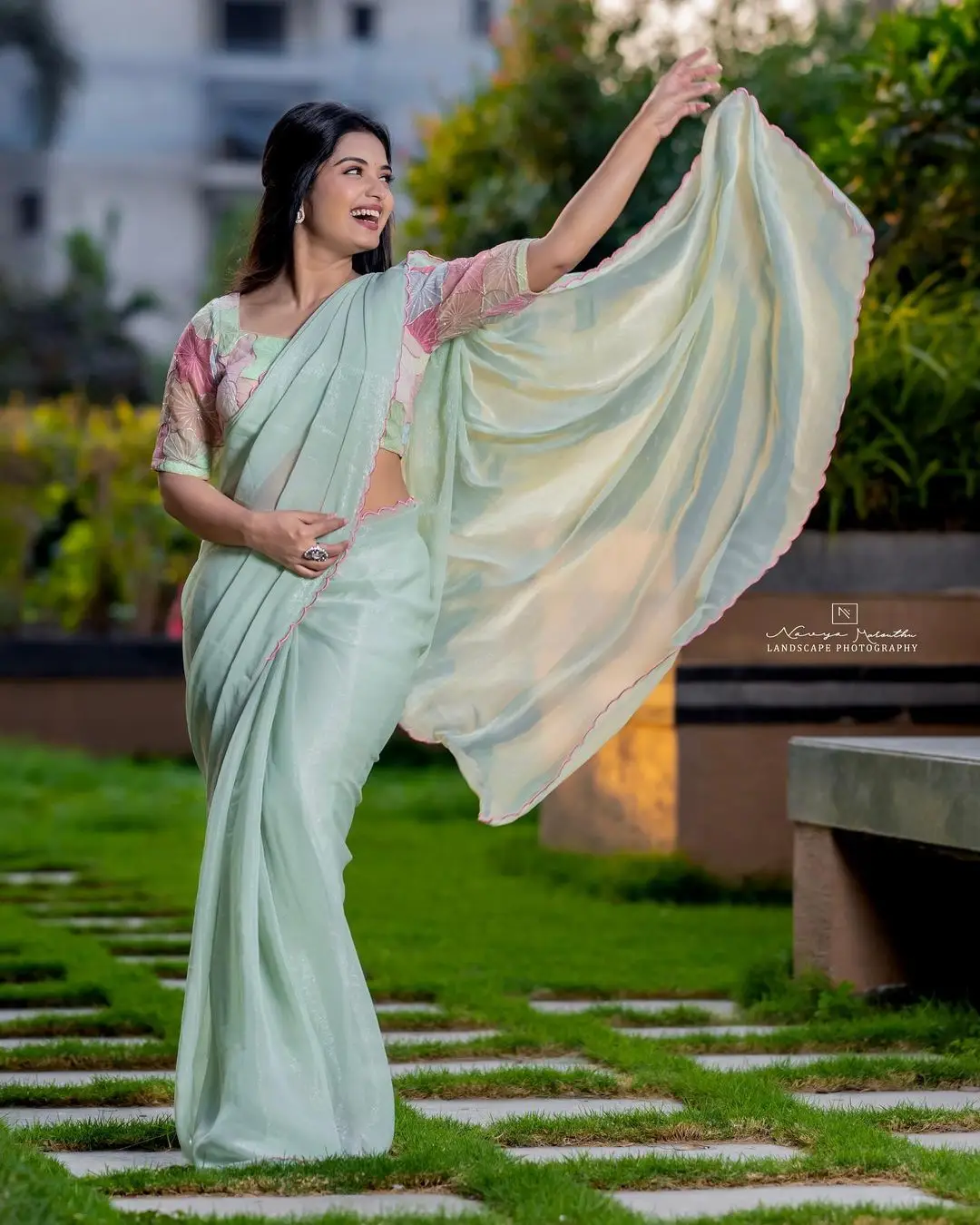 ETV Actress Priyanka Jain Wearing Light Green Saree Blouse